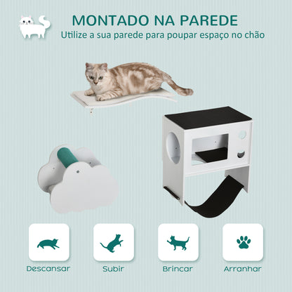 PawHut Prateleiras de Parede para Gatos com 3 Peças Centro de Atividades para Gatos com Caverna Rede Plataformas Almofadas Suaves e Poste de Sisal Branco e Preto