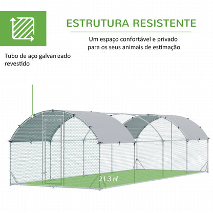 PawHut Galinheiro para Exterior Grande 2,8x7,60x1,97 m Galinheiro para 16-24 Galinhas de Aço Galvanizado com Teto de Tecido Oxford para Coelhos Aves Prata