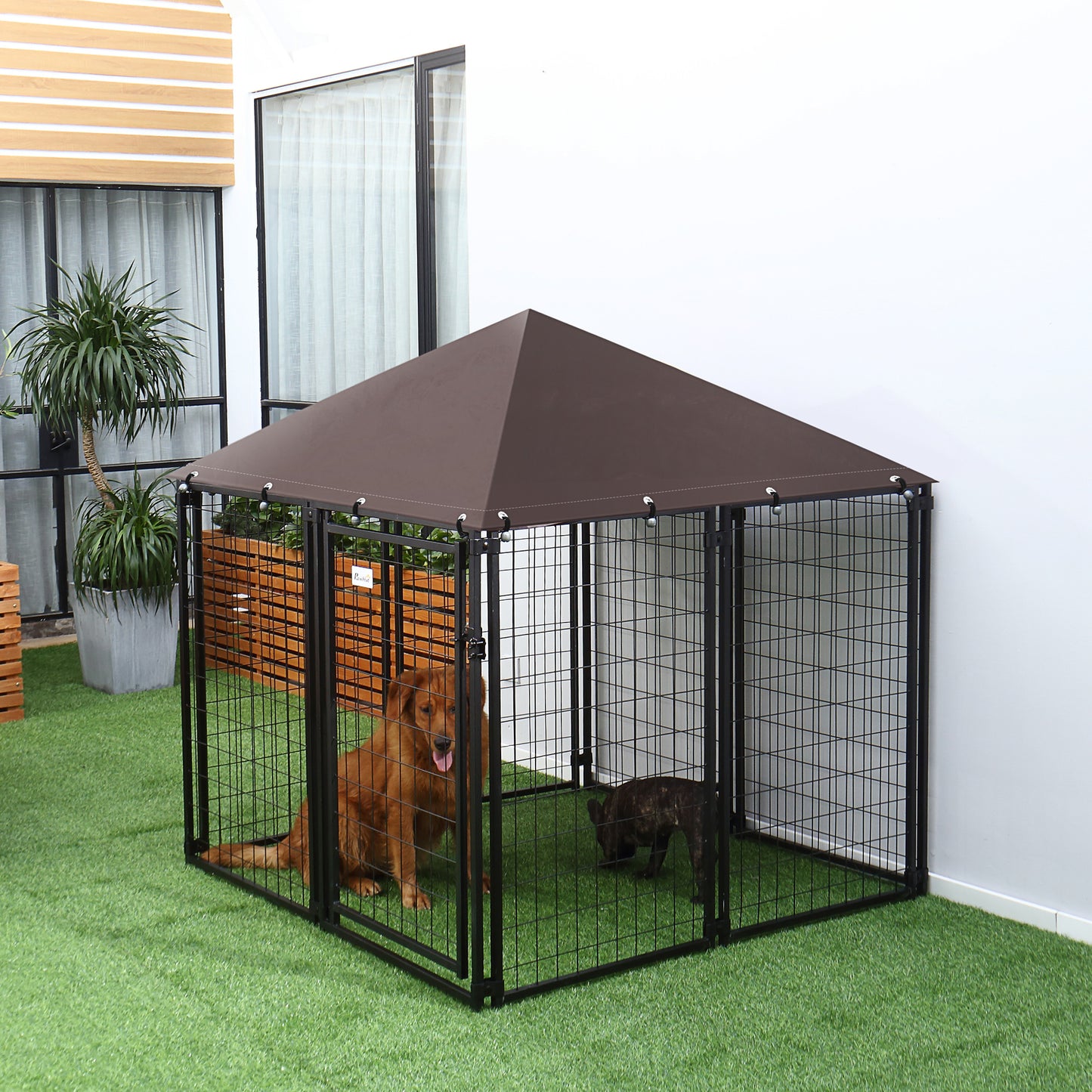 PawHut Parque para Animais de Estimação com Teto 141x141x153cm Canil para Cães de Jardim com Malha de Metal e Porta com Fechadura para Pátio Varanda Preto