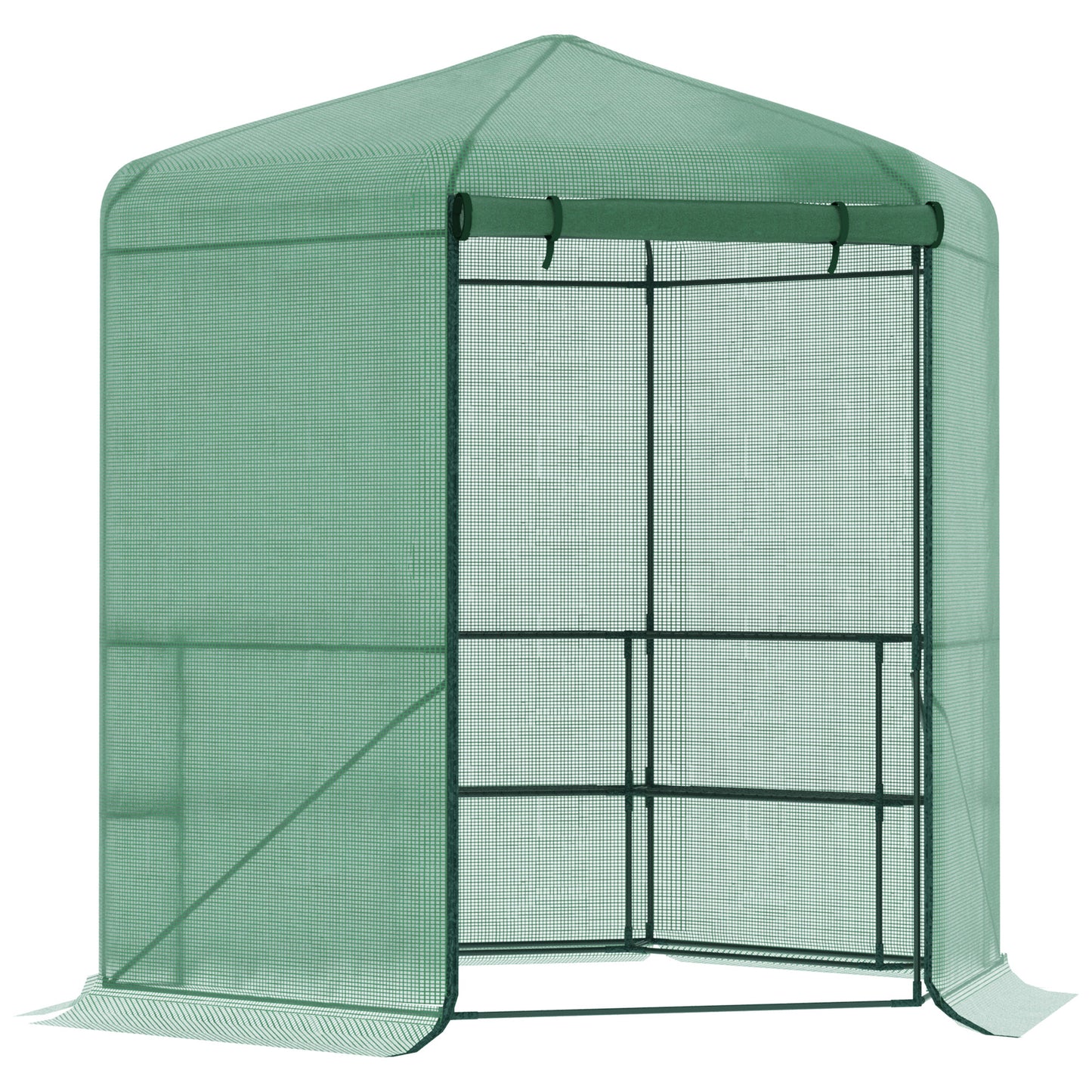 Outsunny Estufa de Jardim Hexágono 194x194x215cm Estufa com 6 Prateleiras Porta Enrolável e Estrutura de Aço Galvanizado para Cultivos de Plantas Vasos de Flores Verde