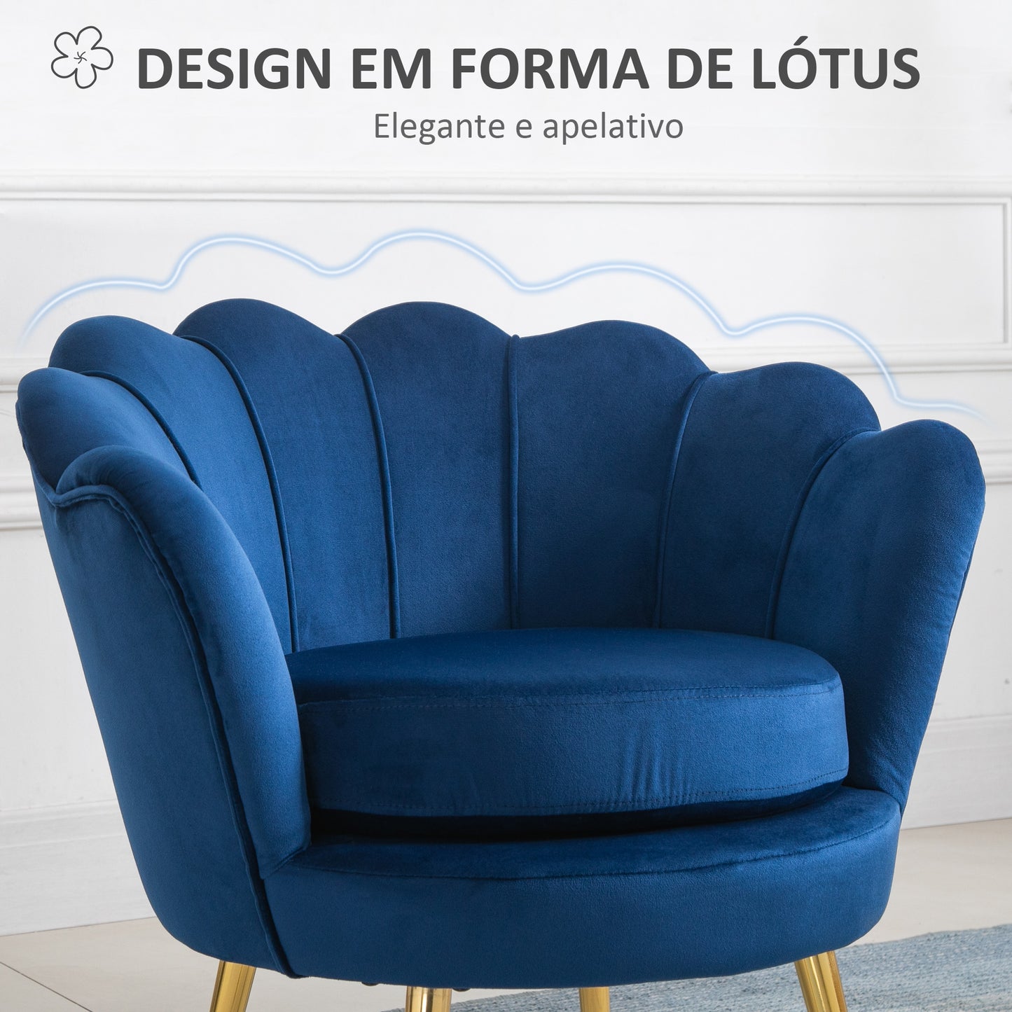 Poltrona "Lisboa" – 76x67x74 cm – Azul e Dourado – Veludo – Design Vintage