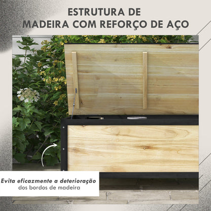 Outsunny Baú de Exterior 121 L Baú de Armazenamento em Madeira com 4 Rodas e Estrutura de Aço para Jardim Pátio Varanda 100x50x43 cm Natural e Preto