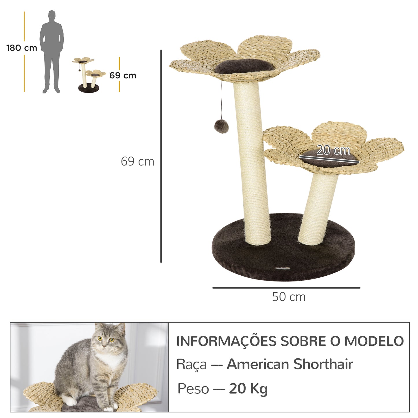 PawHut Árvore Arranhador para Gatos Médios Altura 69cm Torre para Gatos com Cama com Forma de Flor Poste de Sisal e Bola Suspensa para Brincar 50x50x69cm Marrom e Creme