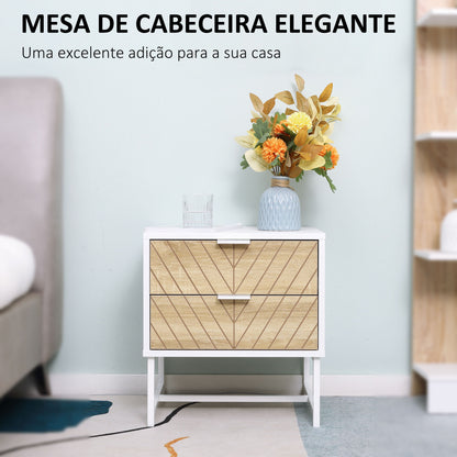 HOMCOM Mesa de Cabeceira com 2 Gavetas Mesa Auxiliar com Pés de Aço para Sala de Estar Dormitório 45x39x48cm Carvalho e Branco