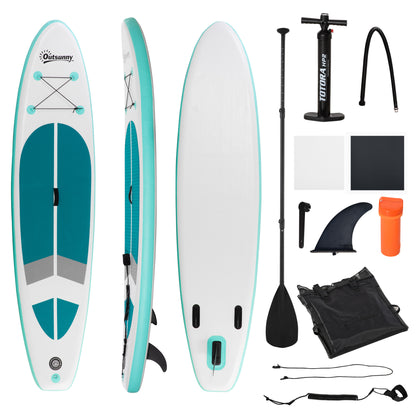 Outsunny Prancha de Paddle Surf Inflável 320x76x15cm Dobrável com Remo de Alumínio Ajustável Desmontável Bolsa de Transporte e Acessórios Branco e Turquesa