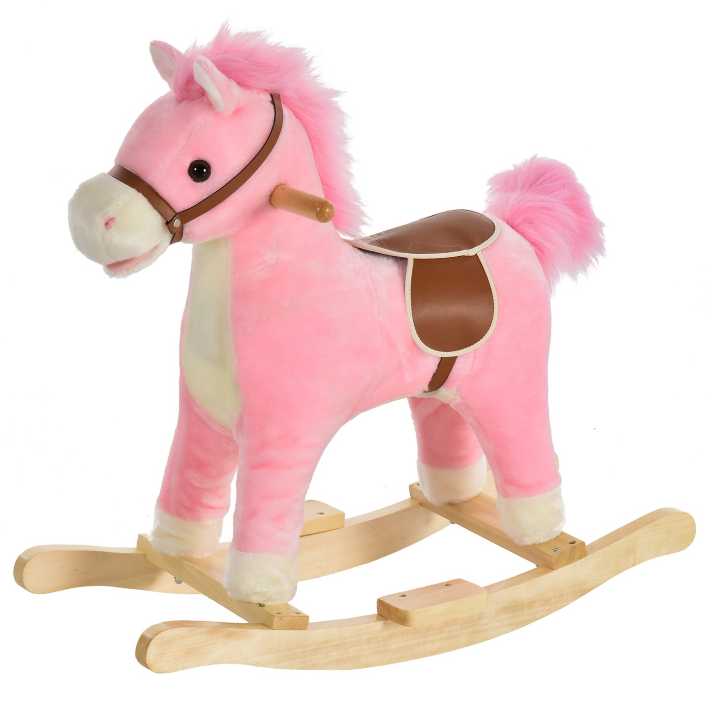 HOMCOM Cavalo de balanço para crianças acima de 36 meses Brinquedo de balanço macio com música Sons relinchos de galope Boca e cauda móveis 65x32,5x61 cm Rosa