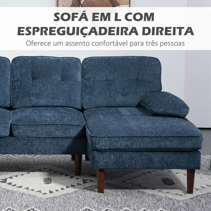 Sofá de Canto "Porto" com Chaise Longue - 215x142x88 cm - Azul - Estofado em Poliéster com Apoios de Braço