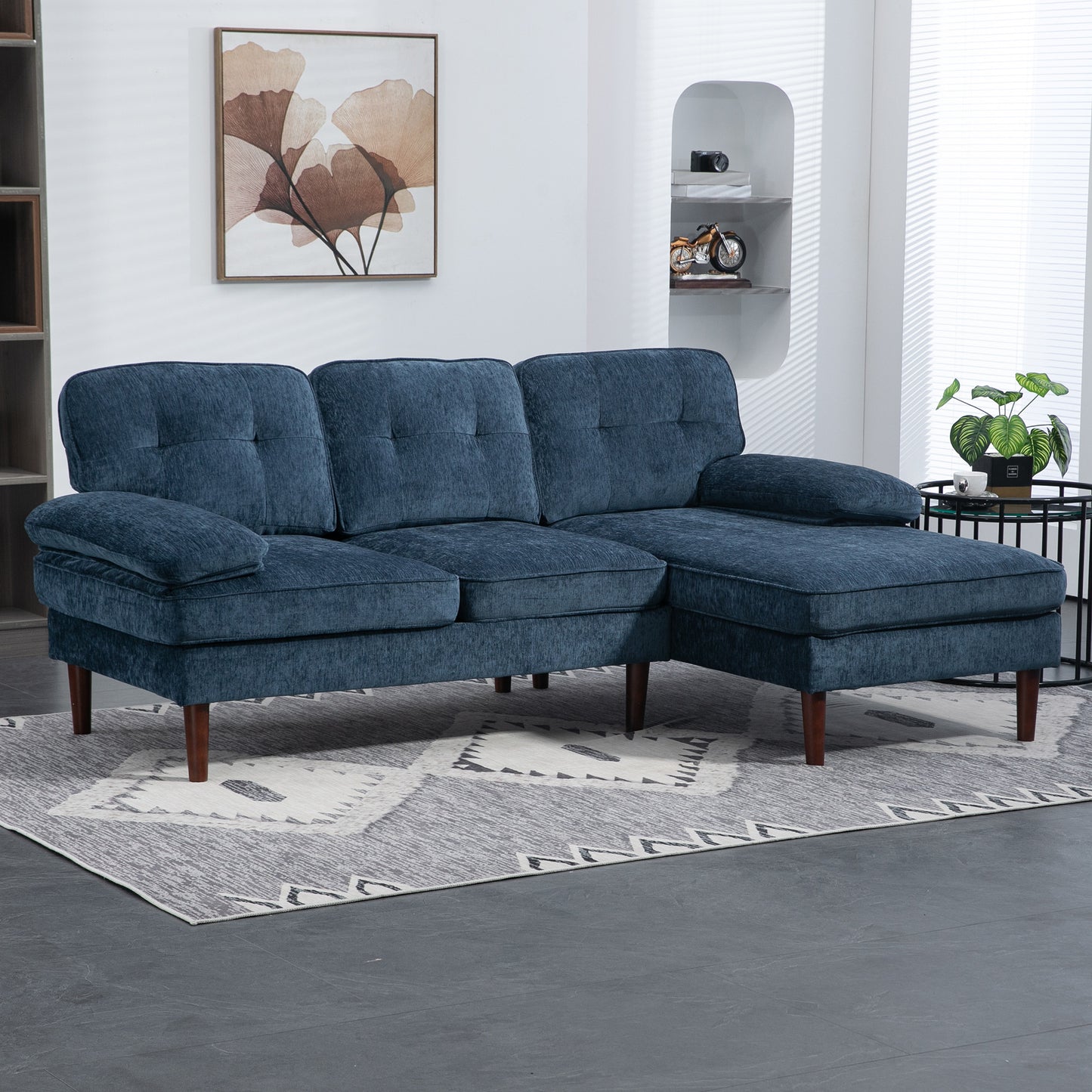 Sofá de Canto "Porto" com Chaise Longue - 215x142x88 cm - Azul - Estofado em Poliéster com Apoios de Braço