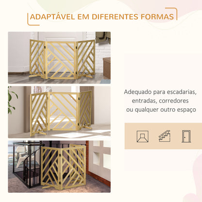 PawHut Barreira de Segurança Dobrável para Cães Grade de Madeira para Escadas e Portas de 3 Painéis com Base Antiderrapante e Pés 181x35x76cm Madeira