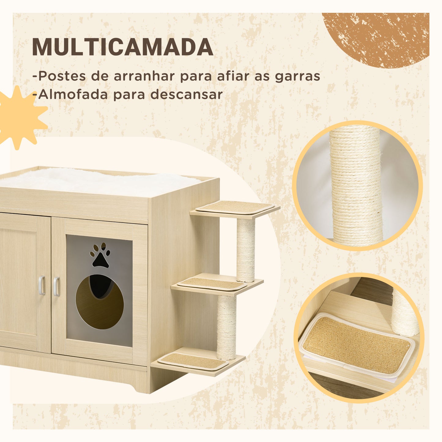 PawHut Caixa de Areia para Gatos de Madeira com 2 Portas Móvel para Caixa de Areia com Cama Almofada Suave 3 Plataformas e Postes de Sisal 107x54x70cm Carvalho