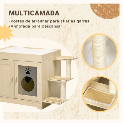 PawHut Caixa de Areia para Gatos de Madeira com 2 Portas Móvel para Caixa de Areia com Cama Almofada Suave 3 Plataformas e Postes de Sisal 107x54x70cm Carvalho