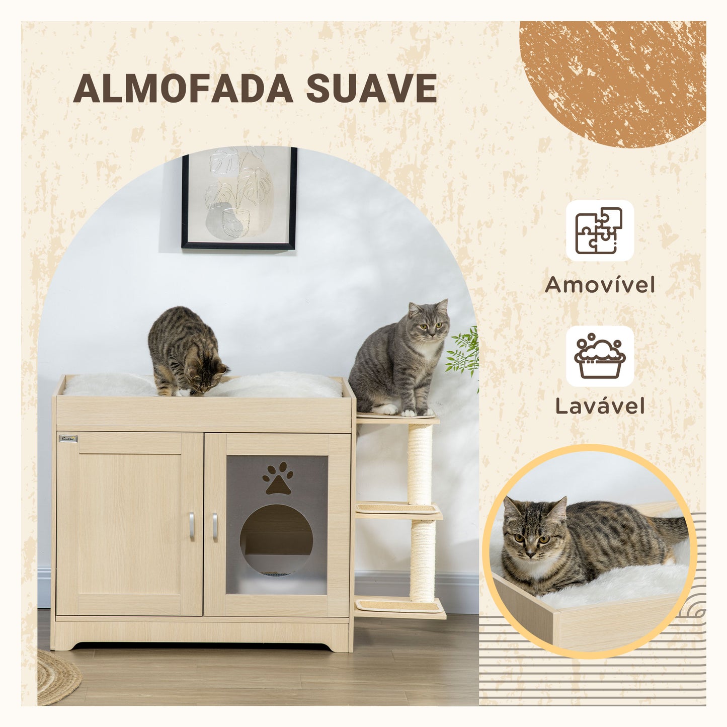 PawHut Caixa de Areia para Gatos de Madeira com 2 Portas Móvel para Caixa de Areia com Cama Almofada Suave 3 Plataformas e Postes de Sisal 107x54x70cm Carvalho