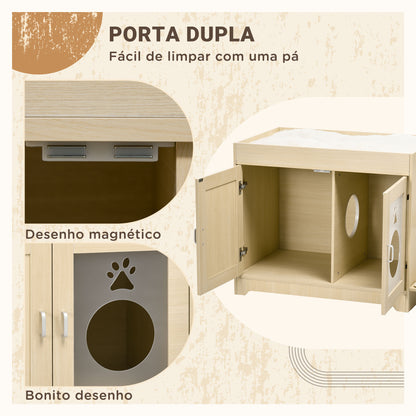 PawHut Caixa de Areia para Gatos de Madeira com 2 Portas Móvel para Caixa de Areia com Cama Almofada Suave 3 Plataformas e Postes de Sisal 107x54x70cm Carvalho