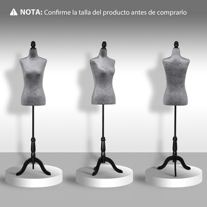 HOMCOM Manequim de Costura Feminino Manequim de Costura Ajustável a 130-168 cm com Tripé de Madeira para Fotografia de Moda Exposição de Roupas Cinza