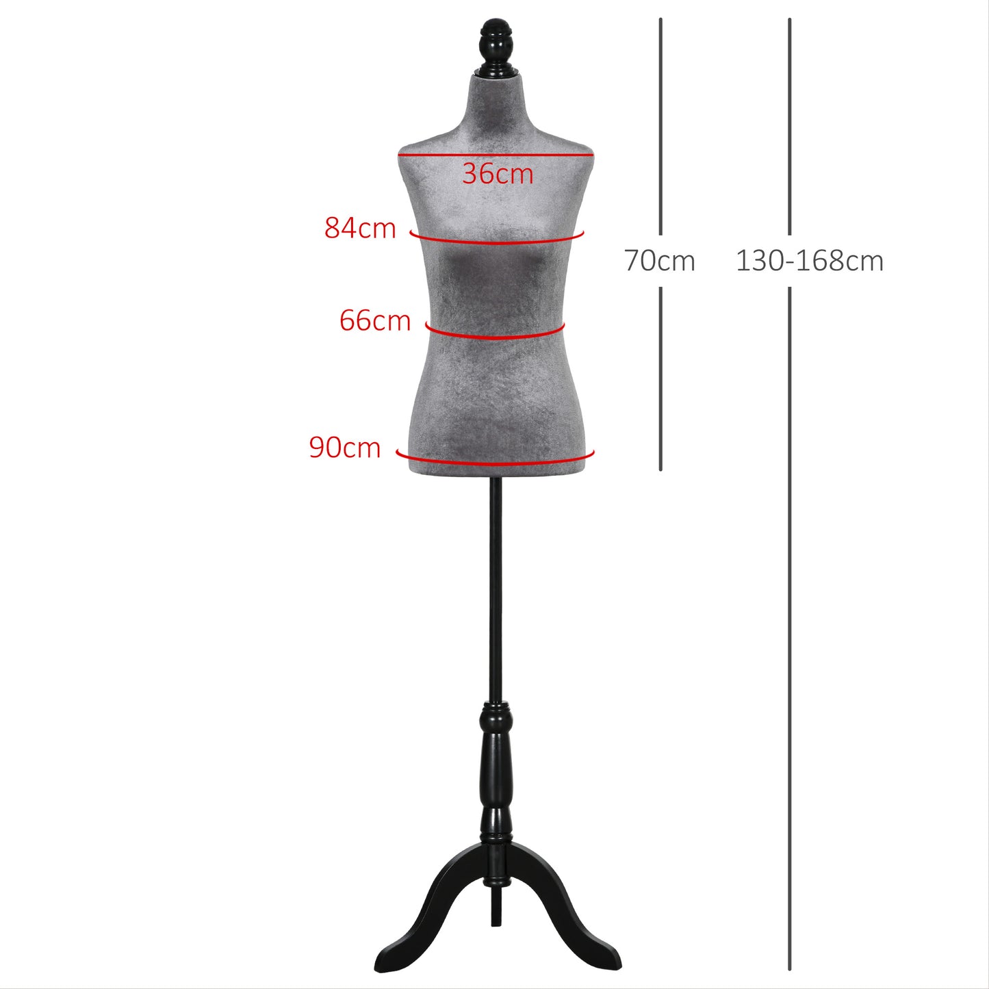 HOMCOM Manequim de Costura Feminino Manequim de Costura Ajustável a 130-168 cm com Tripé de Madeira para Fotografia de Moda Exposição de Roupas Cinza