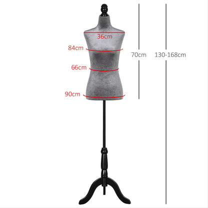 HOMCOM Manequim de Costura Feminino Manequim de Costura Ajustável a 130-168 cm com Tripé de Madeira para Fotografia de Moda Exposição de Roupas Cinza