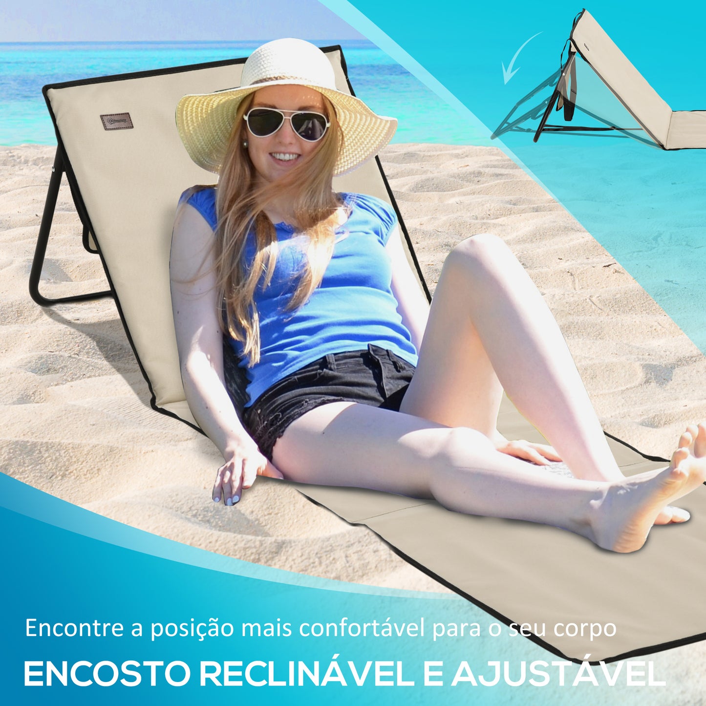 Outsunny Conjunto de 2 Esteiras de Praia Dobrável Esteiras Acolchoadas com Encosto Reclinável e Bolsa de Transporte para Jardim Campismo 142x51x40 cm Bege