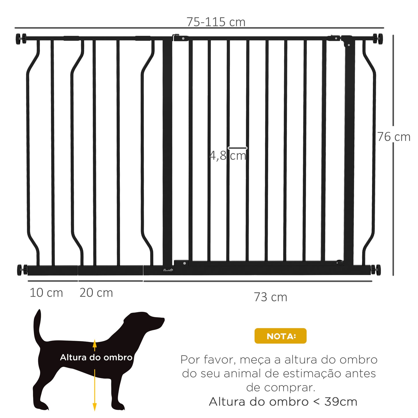 PawHut Barreira de Segurança para Cães Extensível para Escadas e Portas 75-115 cm com 2 Extensões e 10-20 cm Montagem a Pressão Aço Altura 76 cm Preto