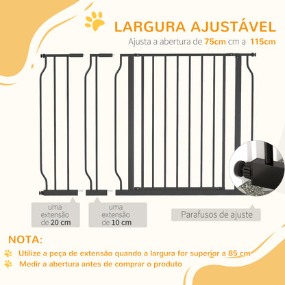 PawHut Barreira de Segurança para Cães Extensível para Escadas e Portas 75-115 cm com 2 Extensões e 10-20 cm Montagem a Pressão Aço Altura 76 cm Preto