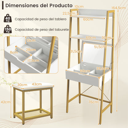 Toucador "Scala" 2 em 1 com Espelho Rebatível, Estantes e Banqueta Acolchoada - Branco e Dourado