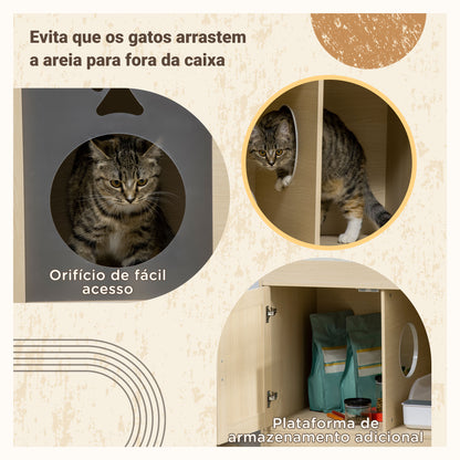 PawHut Caixa de Areia para Gatos de Madeira com 2 Portas Móvel para Caixa de Areia com Cama Almofada Suave 3 Plataformas e Postes de Sisal 107x54x70cm Carvalho