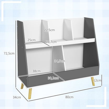 HOMCOM Estante Infantil para Brinquedos Organizador para Crianças de 2 Níveis com 5 Compartimentos e Pés de Madeira de Pinho para Sala de Jogos 80x34x72,5 cm Cinza