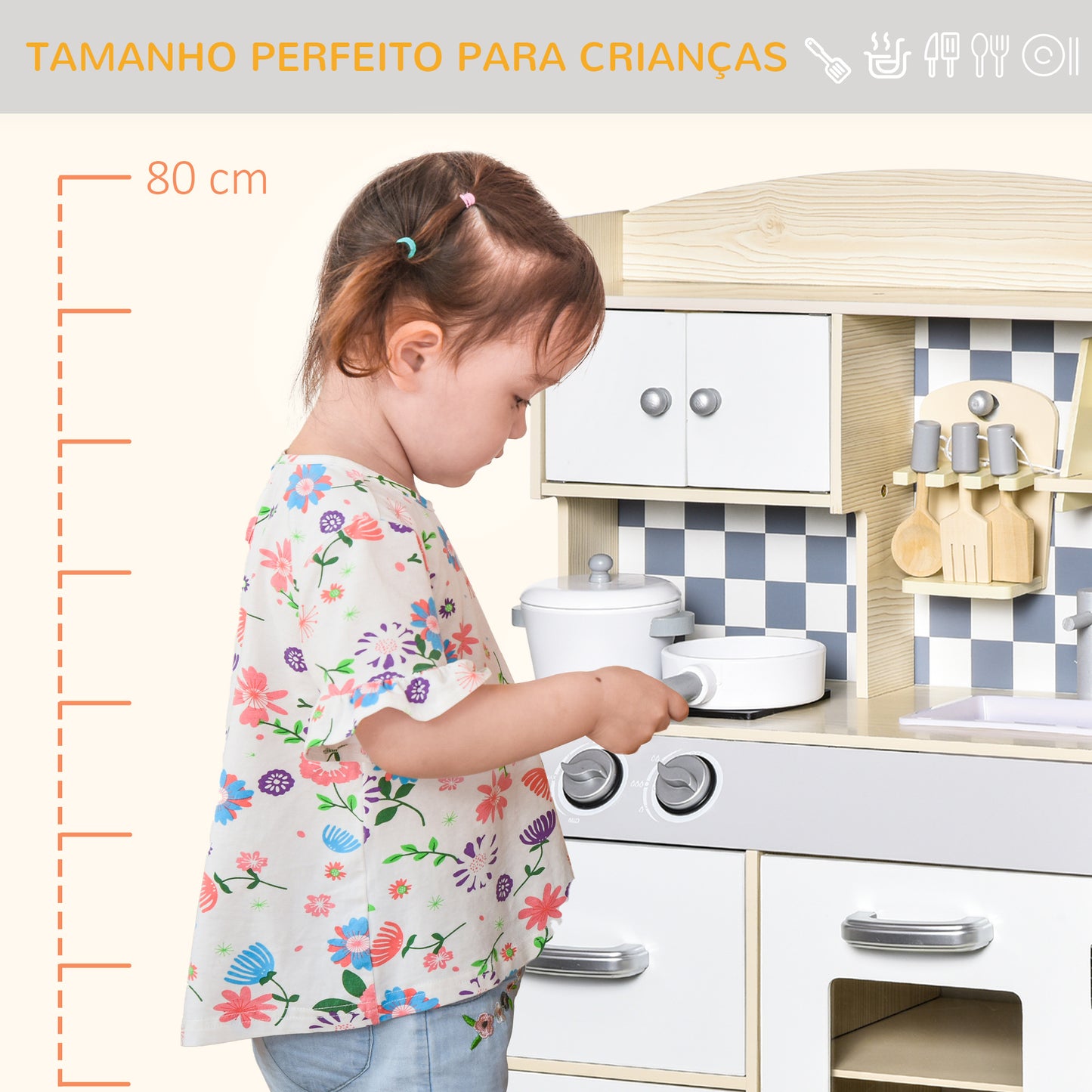 HOMCOM Cozinha Infantil de Madeira para Crianças acima de 3 Anos com 5 Acessórios Cozinha Infantil com 2 Armários 2 Gavetas Lavatório e Suporte para Papel 54,5x29x80cm Natural e Branco