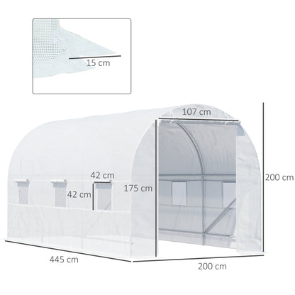 Estufa tipo Túnel 445x200x200 cm Estufa de Jardim com Porta Enrolável e 6 Janelas Cobertura de PE 140 g/m² Anti-UV Estrutura de Metal para Cultivo de Plantas Verduras Branco