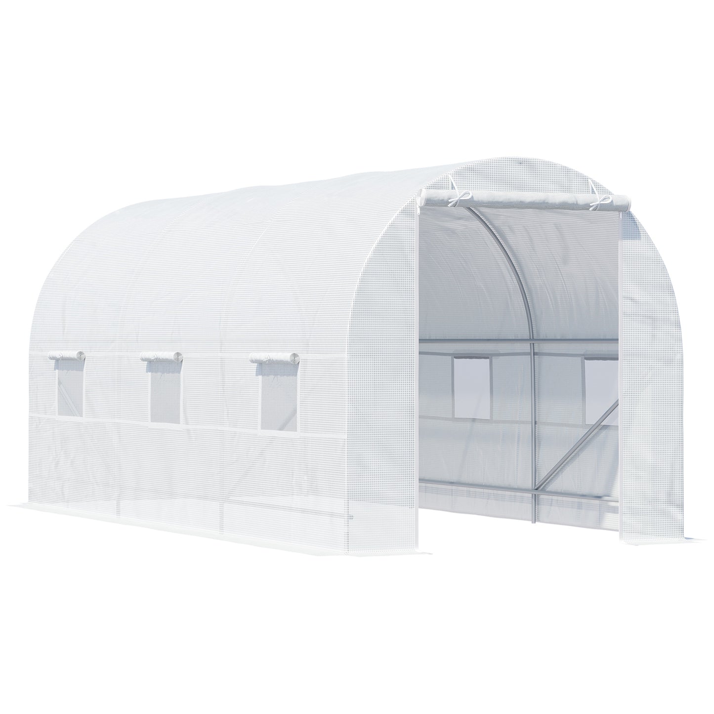 Estufa tipo Túnel 445x200x200 cm Estufa de Jardim com Porta Enrolável e 6 Janelas Cobertura de PE 140 g/m² Anti-UV Estrutura de Metal para Cultivo de Plantas Verduras Branco