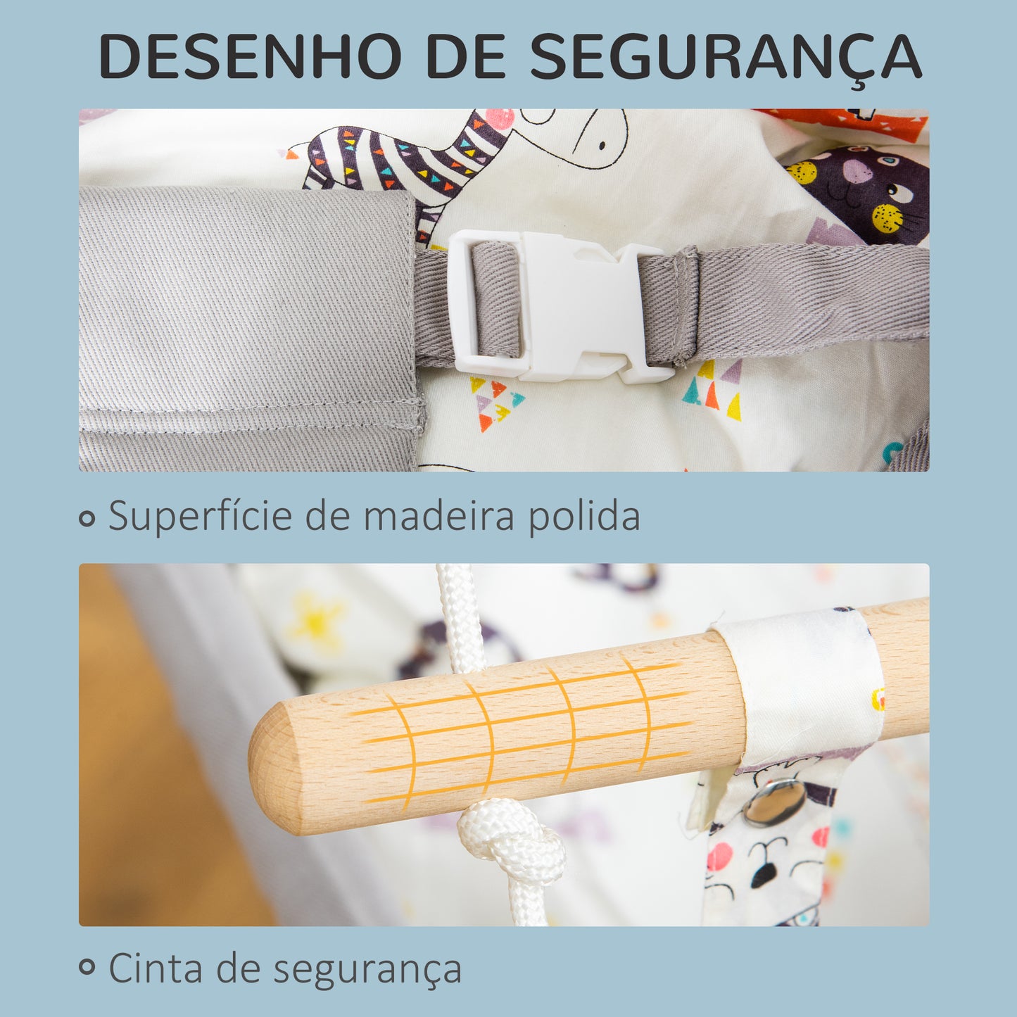 Outsunny Baloiço para Bebé Baloiço de Madeira Infantil com Altura Ajustável Almofada Acolchoada e Cinto de Segurança para Interior e Exterior Carga Máxima 80kg 70x45x160cm Cinza