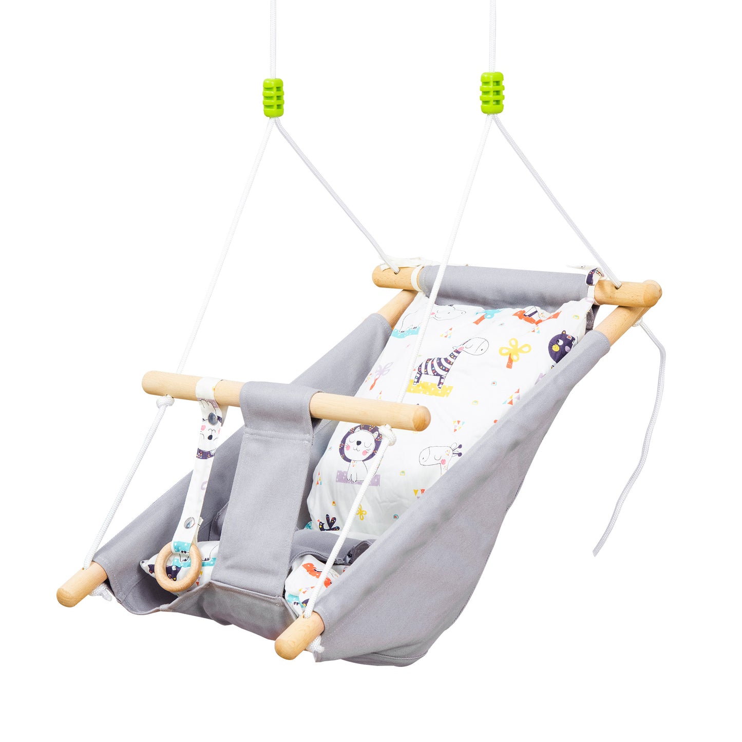 Outsunny Baloiço para Bebé Baloiço de Madeira Infantil com Altura Ajustável Almofada Acolchoada e Cinto de Segurança para Interior e Exterior Carga Máxima 80kg 70x45x160cm Cinza