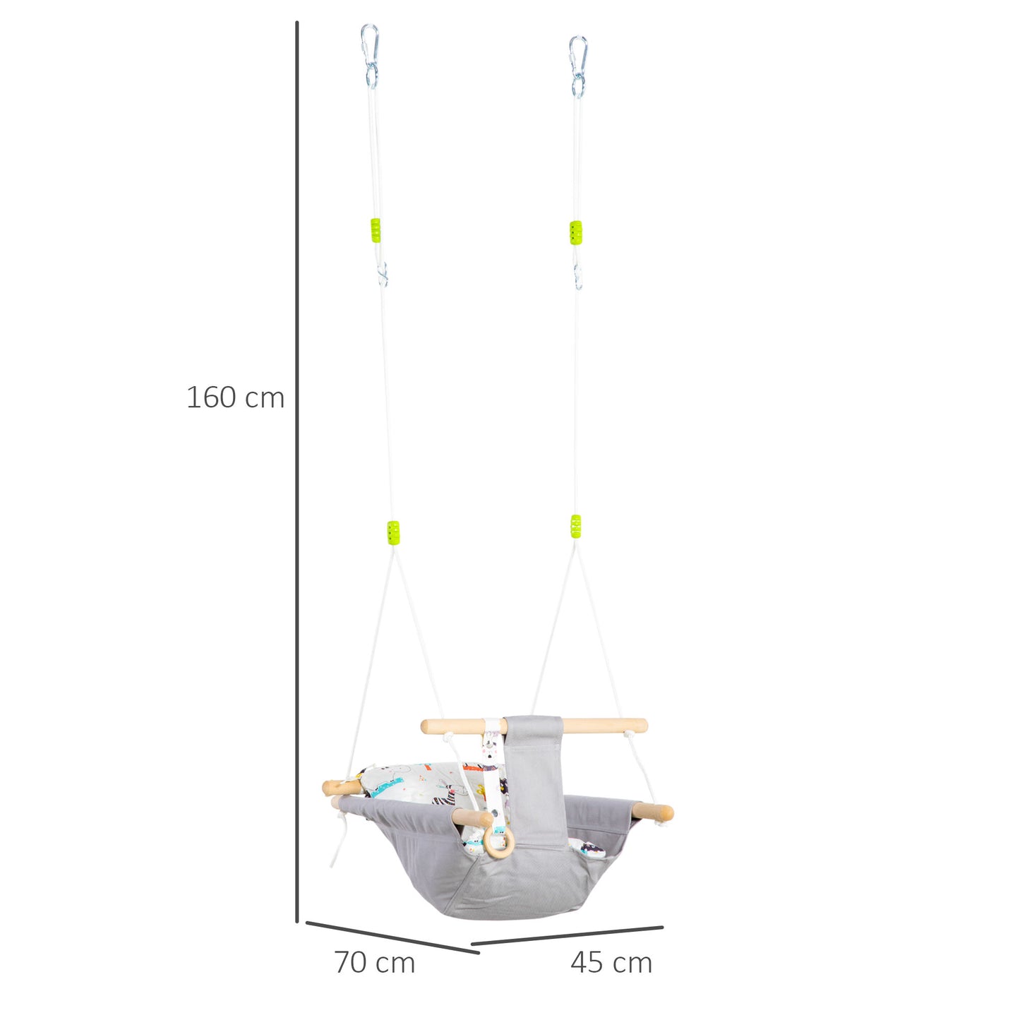 Outsunny Baloiço para Bebé Baloiço de Madeira Infantil com Altura Ajustável Almofada Acolchoada e Cinto de Segurança para Interior e Exterior Carga Máxima 80kg 70x45x160cm Cinza