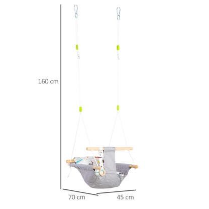 Outsunny Baloiço para Bebé Baloiço de Madeira Infantil com Altura Ajustável Almofada Acolchoada e Cinto de Segurança para Interior e Exterior Carga Máxima 80kg 70x45x160cm Cinza