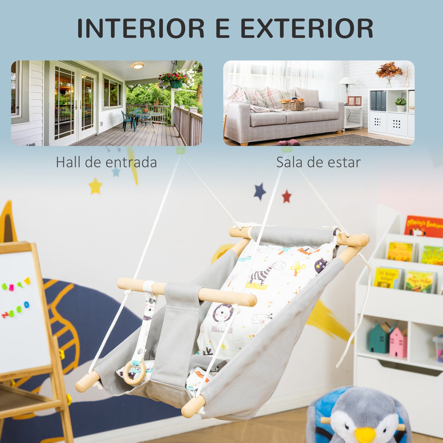 Outsunny Baloiço para Bebé Baloiço de Madeira Infantil com Altura Ajustável Almofada Acolchoada e Cinto de Segurança para Interior e Exterior Carga Máxima 80kg 70x45x160cm Cinza