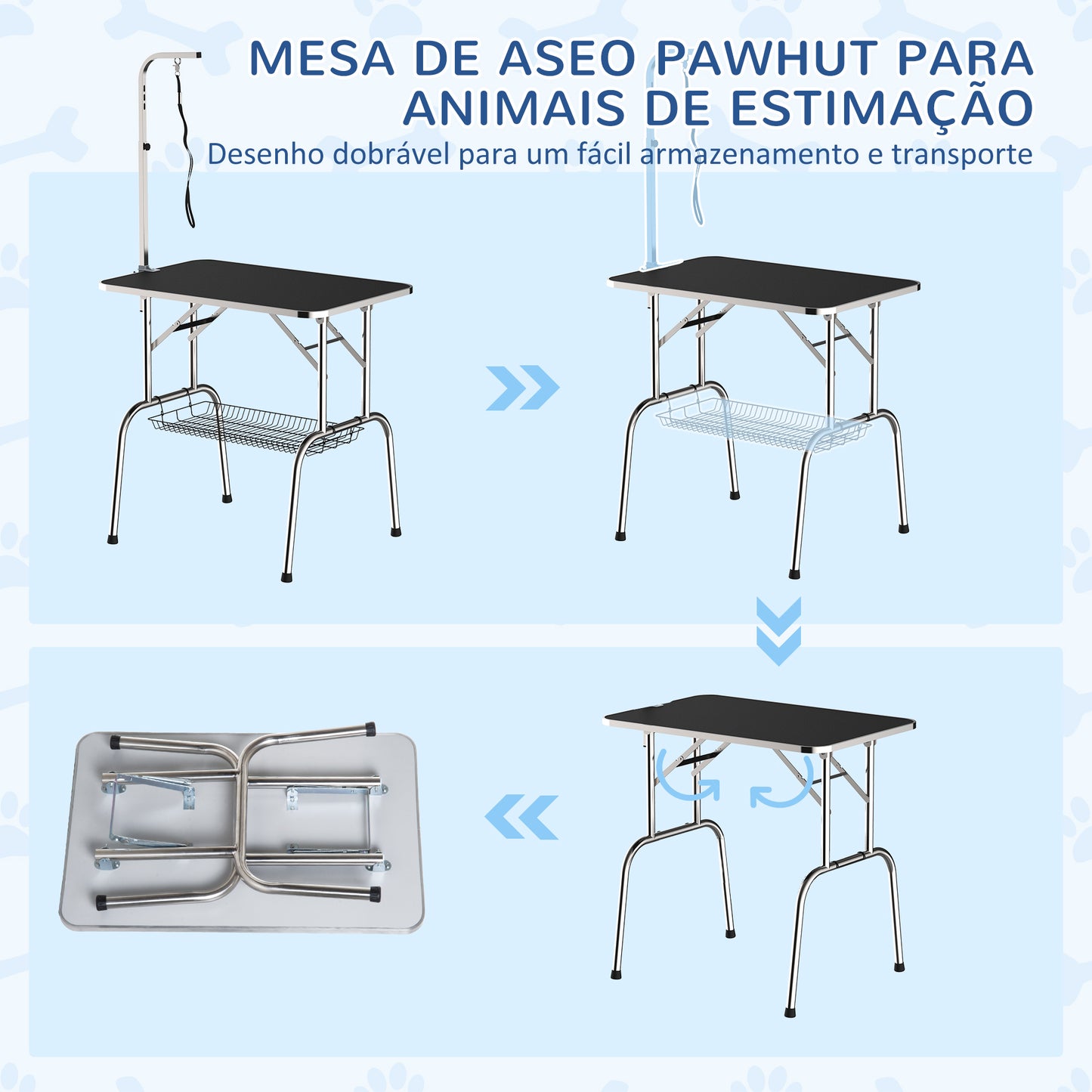 PawHut Mesa de Cabeleireiro para Animais de Estimação Mesa Sanitária Dobrável Aço, Alumínio, Chapa Anti-riscos e Borracha - 90x60x75 cm