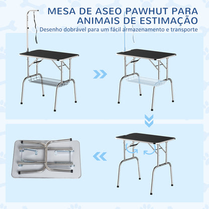 PawHut Mesa de Cabeleireiro para Animais de Estimação Mesa Sanitária Dobrável Aço, Alumínio, Chapa Anti-riscos e Borracha - 90x60x75 cm