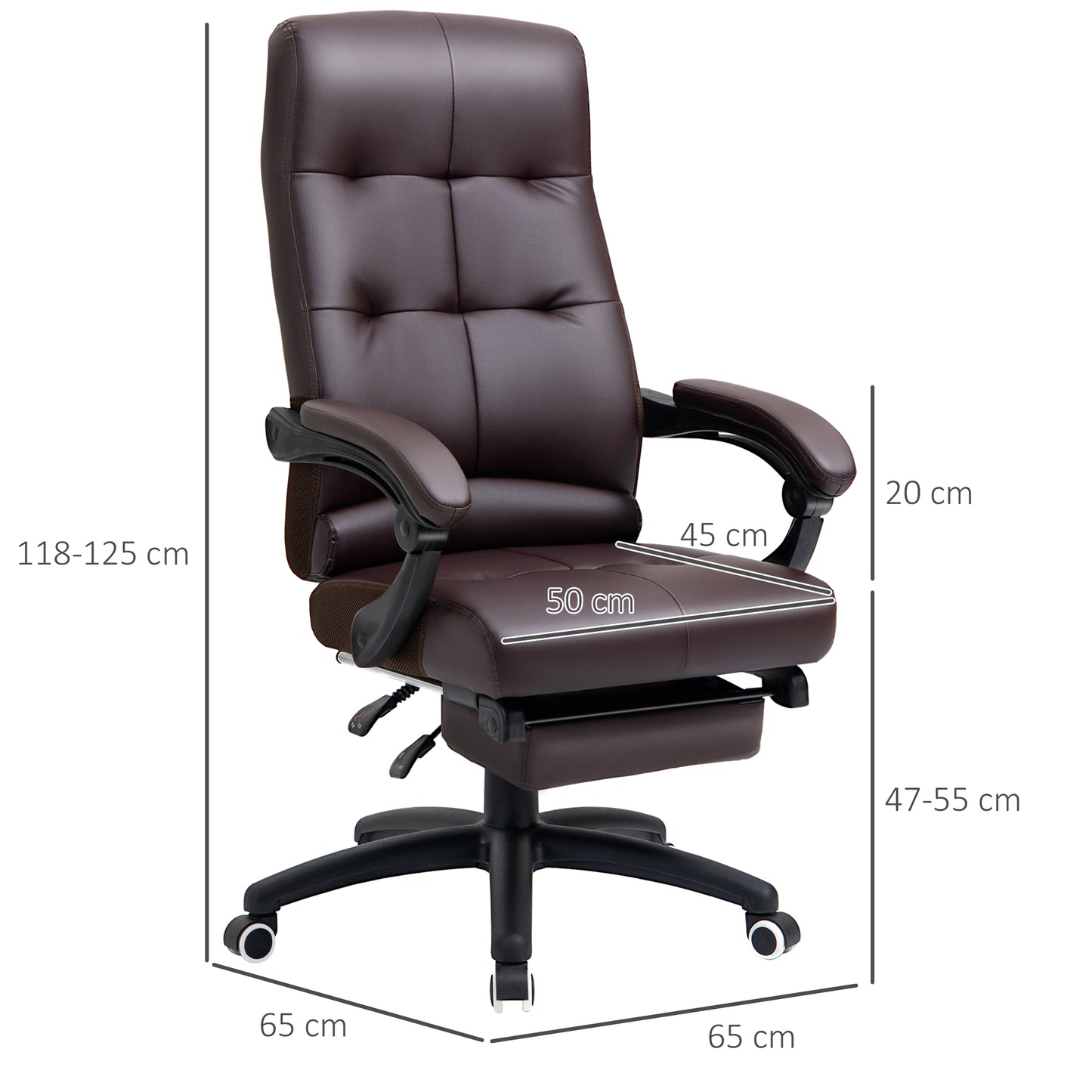 Vinsetto Cadeira de escritório ergonômica giratória com função de inclinação altura ajustável Apoio de braço e apoio para os pés em couro sintético 65x65x114-124 cm marrom