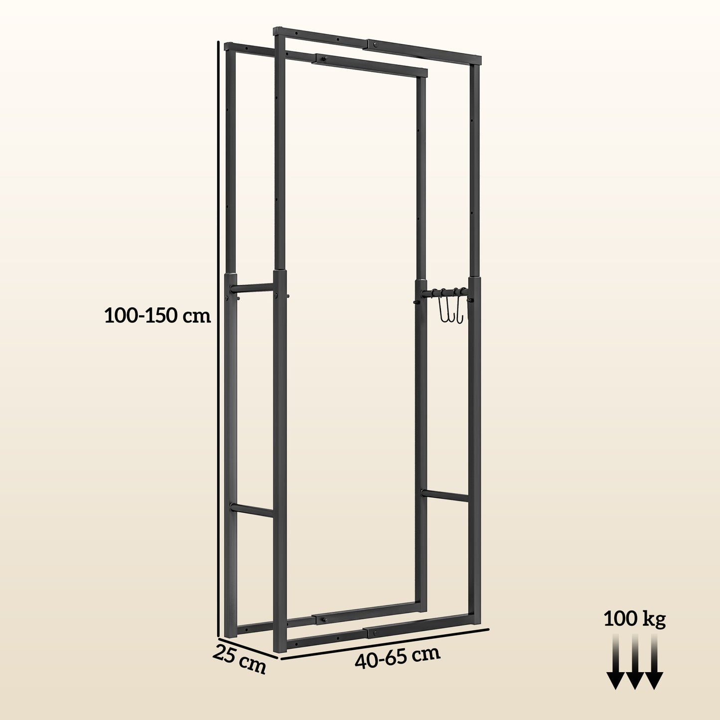 Outsunny Suporte para Lenha Extensível Suporte para Lenha Metálico com 4 Ganchos Carga Máxima 100 kg para Interior e Exterior 40-65x25x100-150 cm Preto