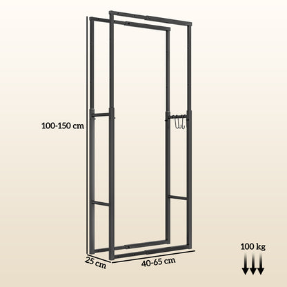 Outsunny Suporte para Lenha Extensível Suporte para Lenha Metálico com 4 Ganchos Carga Máxima 100 kg para Interior e Exterior 40-65x25x100-150 cm Preto