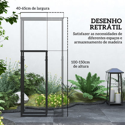 Outsunny Suporte para Lenha Extensível Suporte para Lenha Metálico com 4 Ganchos Carga Máxima 100 kg para Interior e Exterior 40-65x25x100-150 cm Preto