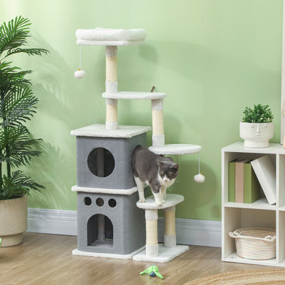 PawHut Arranhador para Gatos 126 cm Torre de Arranhar para Gatos Arranhador para Gatos com Caverna Plataformas Bolas Suspensas e Poste de Sisal 56x34x126 cm Cinza e Creme