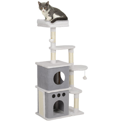 PawHut Arranhador para Gatos 126 cm Torre de Arranhar para Gatos Arranhador para Gatos com Caverna Plataformas Bolas Suspensas e Poste de Sisal 56x34x126 cm Cinza e Creme