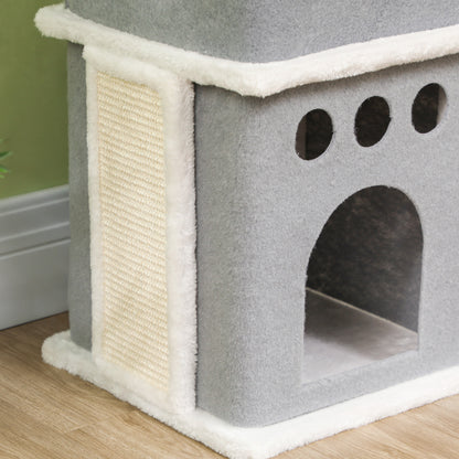 PawHut Arranhador para Gatos 126 cm Torre de Arranhar para Gatos Arranhador para Gatos com Caverna Plataformas Bolas Suspensas e Poste de Sisal 56x34x126 cm Cinza e Creme