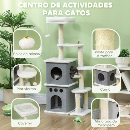 PawHut Arranhador para Gatos 126 cm Torre de Arranhar para Gatos Arranhador para Gatos com Caverna Plataformas Bolas Suspensas e Poste de Sisal 56x34x126 cm Cinza e Creme