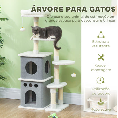 PawHut Arranhador para Gatos 126 cm Torre de Arranhar para Gatos Arranhador para Gatos com Caverna Plataformas Bolas Suspensas e Poste de Sisal 56x34x126 cm Cinza e Creme