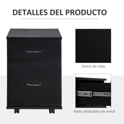 HOMCOM Bloco de Gavetas de Madeira Móvel para Arquivos para Escritório com 2 Gavetas 4 Rodas e 2 Travões para Escritório Secretaria Casa 41x39x58cm Preto