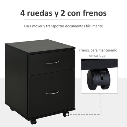 HOMCOM Bloco de Gavetas de Madeira Móvel para Arquivos para Escritório com 2 Gavetas 4 Rodas e 2 Travões para Escritório Secretaria Casa 41x39x58cm Preto