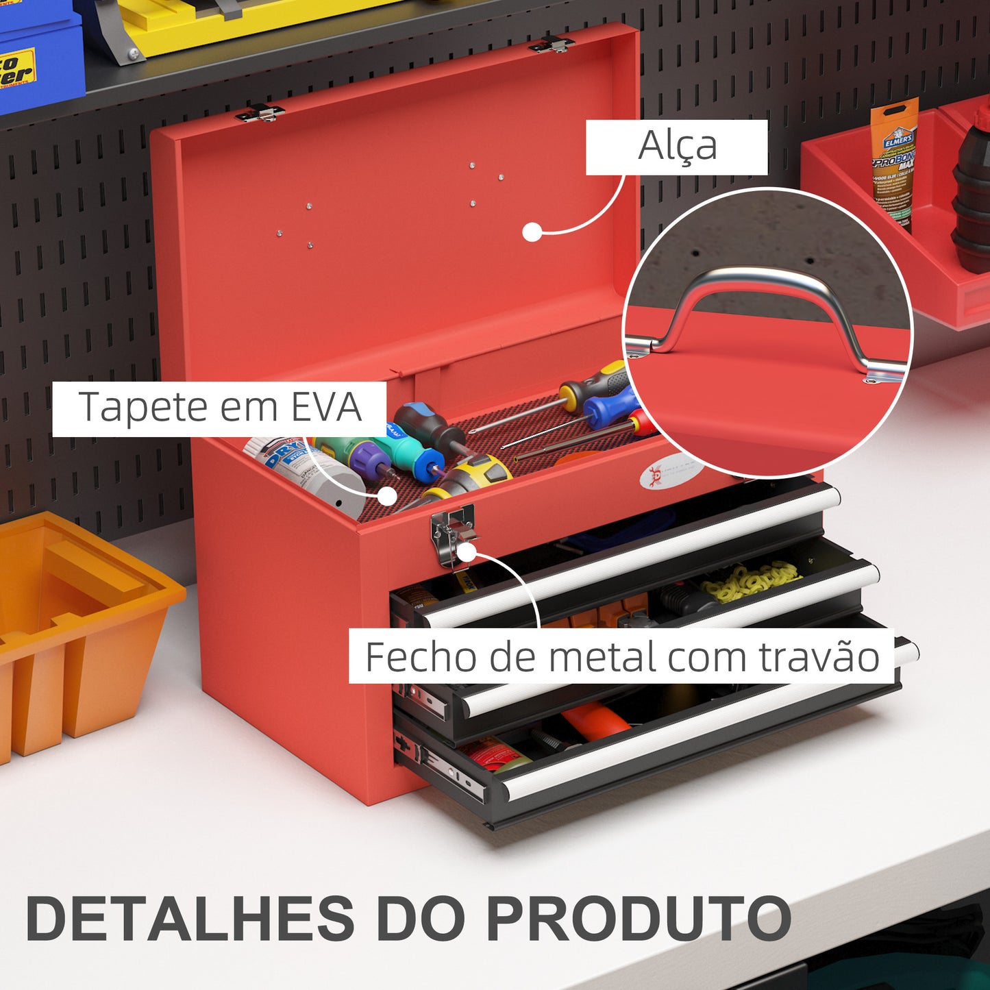 DURHAND Caixa de Ferramentas de Aço Baú de Ferramentas Portátil com 2 Gavetas e 1 Caixa Superior e Alça para Oficina Garagem Casa 45x24x27 cm Vermelho