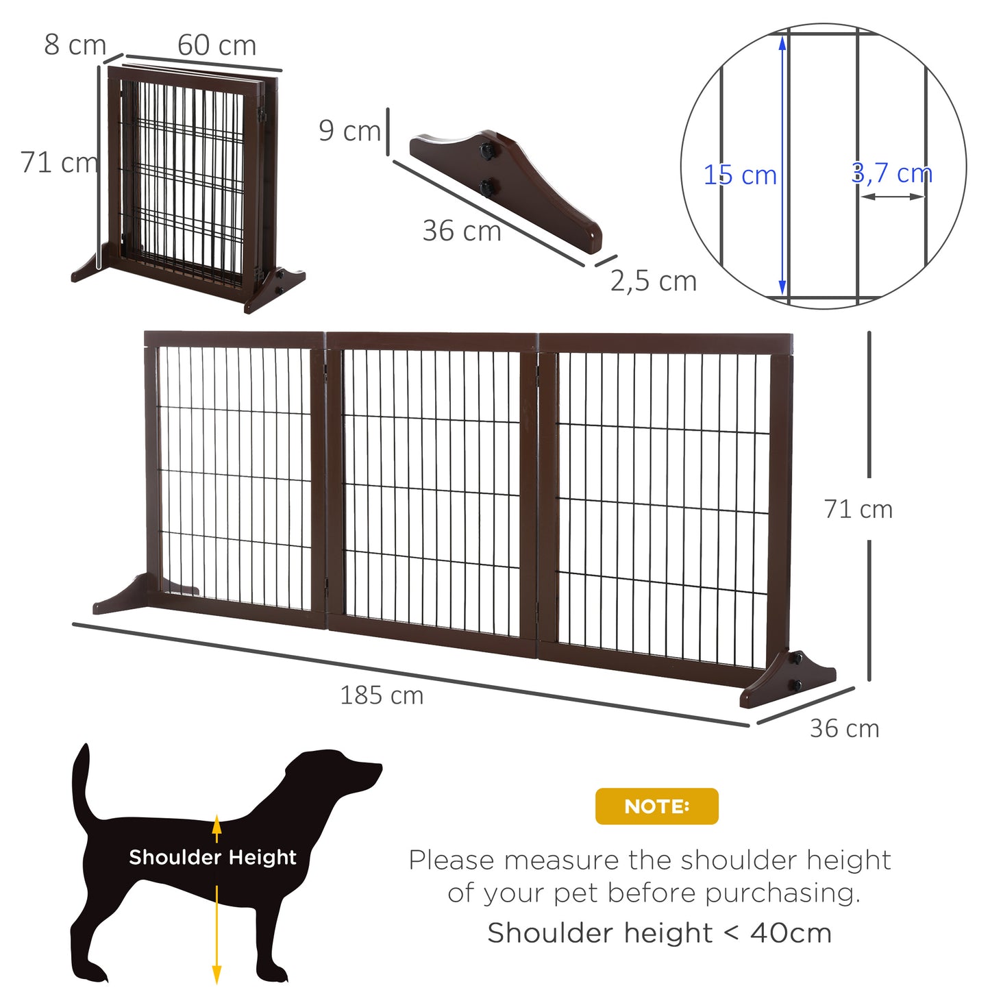 PawHut Barreira de Segurança para Cães de 3 Paineis Barreira para Cães com Estrutura de Madeira e Pés de Apoio para Corredor Escada 185x36x71 cm Marrom