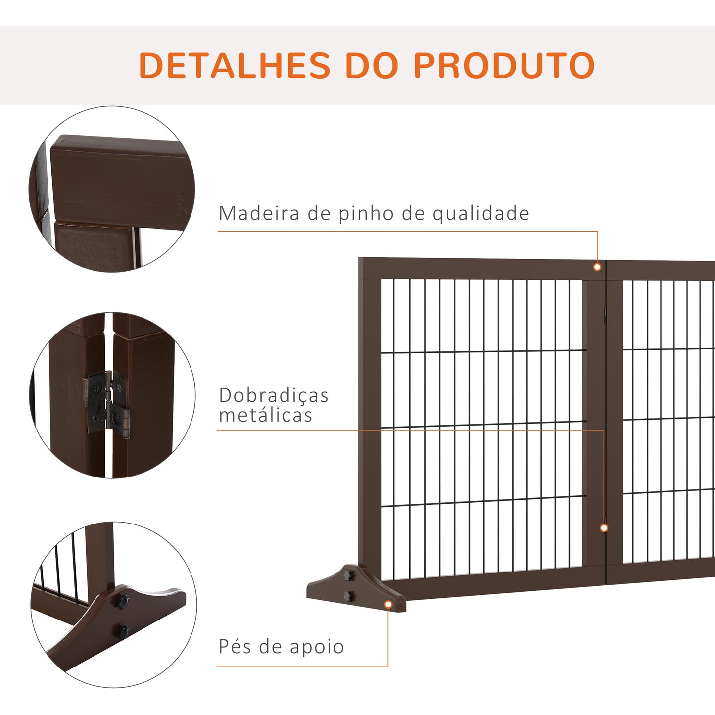 PawHut Barreira de Segurança para Cães de 3 Paineis Barreira para Cães com Estrutura de Madeira e Pés de Apoio para Corredor Escada 185x36x71 cm Marrom